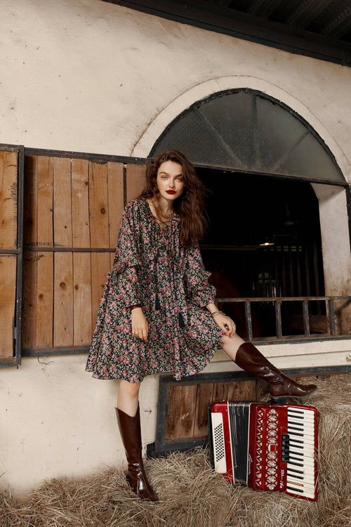 Floral Print High Waist Casual Vintage Chiffon Dresses Women,Autumn