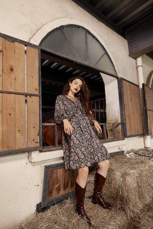 Floral Print High Waist Casual Vintage Chiffon Dresses Women,Autumn