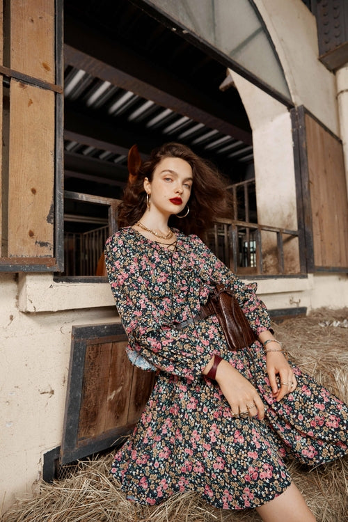 Floral Print High Waist Casual Vintage Chiffon Dresses Women,Autumn