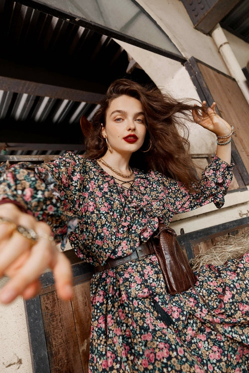 Floral Print High Waist Casual Vintage Chiffon Dresses Women,Autumn